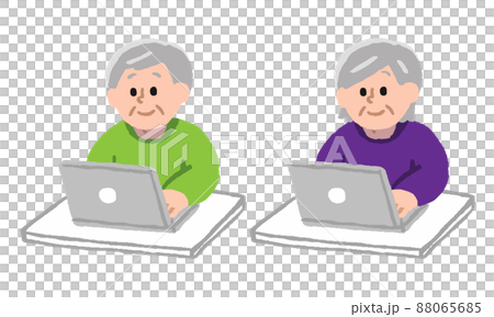 パソコン操作するシニア男性女性セット（手描きカラー） 88065685