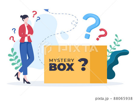 Mystery Gift Box and Confused Woman a Cardboard Box Open Inside with a Question Mark, Lucky Gift or Other Surprise in Flat Cartoon Style Illustration 88065938