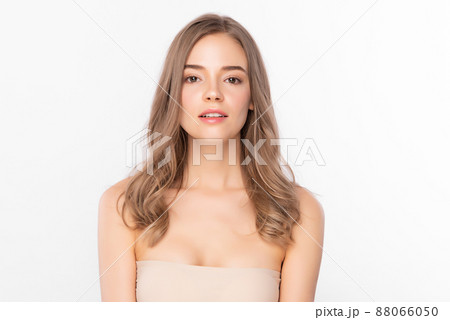 Beautiful young woman with clean fresh skin on white background, Face care, Facial treatment, 88066050