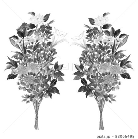 仏花セット 一対の花束 モノトーン【水墨画風水彩画】白バック