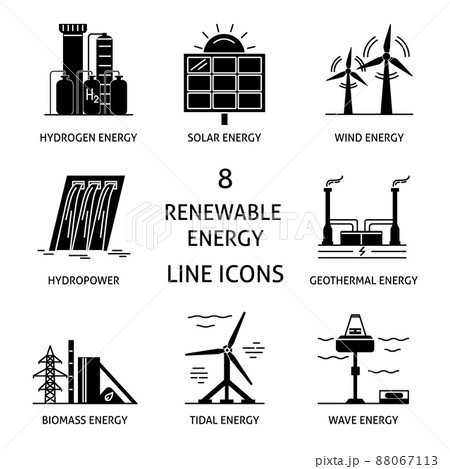 Set of renewable energy silhouette icons Set of renewable energy silhouette icons 88067113