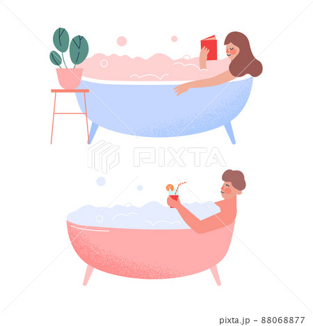 People relaxing in bathtub set. Self healing therapy, stress relieving cartoon vector illustration People relaxing in bathtub set. Self healing therapy, stress relieving cartoon vector illustration 88068877