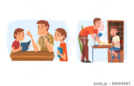 Cute children studying with parents at home together set. Fathers helping sons with homework cartoon vector illustration 88068885