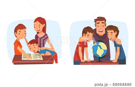 Children studying with parents at home together set. Mother and father helping children with homework cartoon vector illustration 88068886