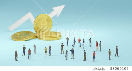 仮想通貨と上昇する矢印の周囲に集まった群衆 / 電子取引・マイニングのコンセプトイメージ 仮想通貨と上昇する矢印の周囲に集まった群衆 / 電子取引・マイニングのコンセプトイメージ 88069105