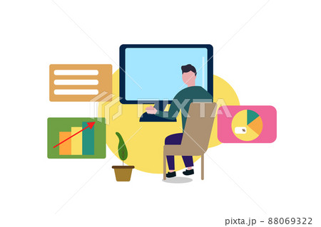 パソコン 仕事する男性 PC作業・在宅勤務・エンジニアやデザイナー イラスト 88069322
