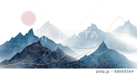 Vector illustration of Chinese ink landscape painting on antique paper with elegant golden lines in modern design. 88069564