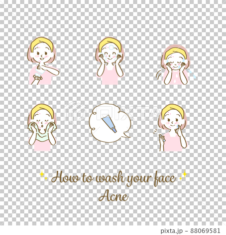 Illustration material: Female icon set explaining how to wash your face correctly (acne / hand-painted pastel / upper body) 88069581