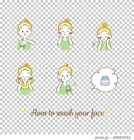 Illustration material: Female icon set explaining how to wash your face correctly (moisturizer / hand-painted pastel / upper body) 88069582