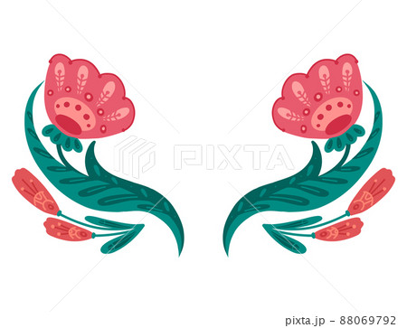 Vector clipart frame with red poppies on stems with folk arts isolated from background. Template with floral arrangement with naive ornaments. 88069792