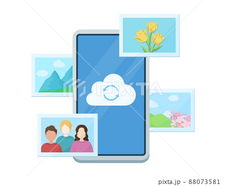 クラウドストレージのコンセプトイラスト　スマートフォンと写真のデータ　白背景にベクターデータ 88073581