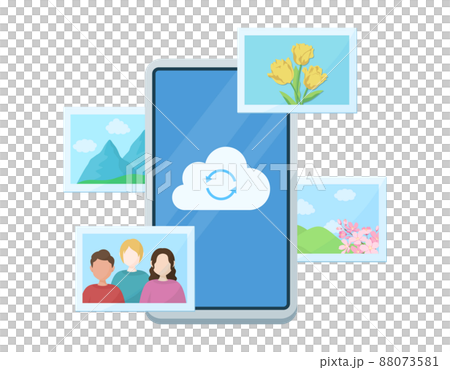 クラウドストレージのコンセプトイラスト　スマートフォンと写真のデータ　白背景にベクターデータ 88073581