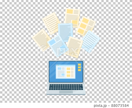 パソコンからプリントが飛び出すイラスト　仕事風景のコンセプトイラスト　白背景にベクターデータ 88073584