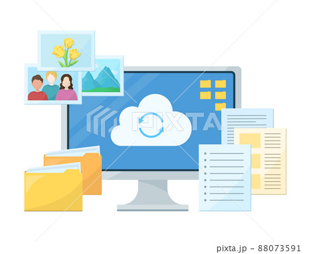 クラウドストレージのコンセプトイラスト　PCと写真や書類のデータ　白背景にベクターデータ 88073591
