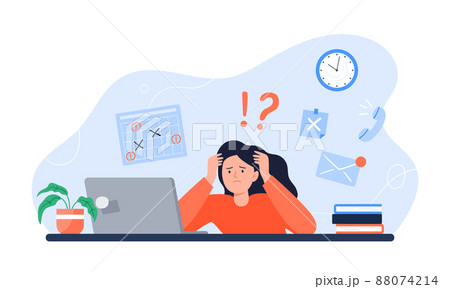 Exhausted woman sitting at her workplace with a computer. Freelancer is stressed through a lot of work. Emotional burnout concept. Long working day in the office. Vector colorful flat illustration. 88074214