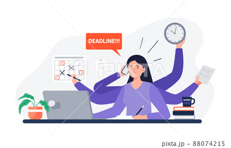 A tired woman missing deadline. An office worker overwhelmed by work, reports, and calls. Mental health problem. Vector flat illustration. A tired woman missing deadline. An office worker overwhelmed by work, reports, and calls. Mental health problem. Vector flat illustration. 88074215