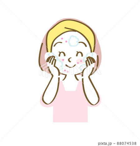 イラスト素材：洗顔料を泡立ててから優しく汚れを取る女性のアイコン（ニキビ/手描きパステル/上半身） 88074538