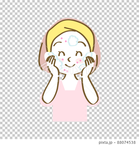 Illustration material: Icon of a woman who gently removes dirt after foaming facial cleanser (acne / hand-drawn pastel / upper body) 88074538
