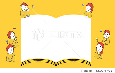 白紙の本を囲んでいる人々のイラストフレーム　疑問・質問などを読書して調べる 88074753