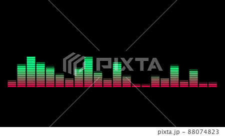 Audio visualizer bars in center frame against black with light reflection in front. 3D animation: Music control levels. 88074823