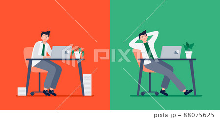 Low energy and high energy comparison. A businessman in a tired and energetic state. A happy man successful doing his work. Frustrated male worker feeling overwhelmed. Vector flat illustration. Low energy and high energy comparison. A businessman in a tired and energetic state. A happy man successful doing his work. Frustrated male worker feeling overwhelmed. Vector flat illustration. 88075625