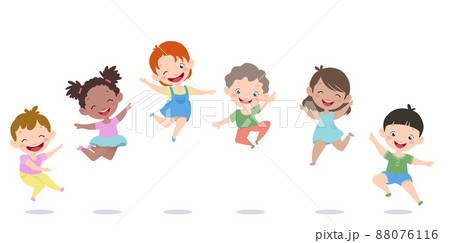 世界の子供が笑顔でジャンプをしているベクターイラストのイラスト素材