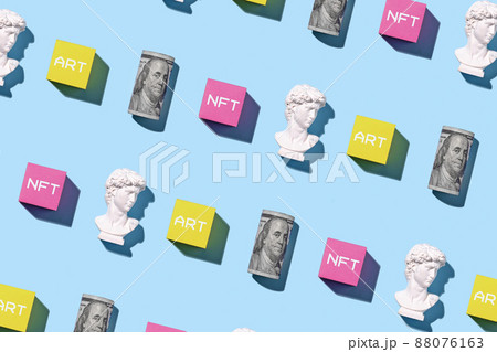 Pattern with bust of David, dollar statue and blockchain token. 88076163