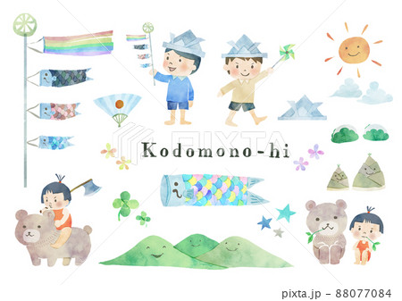こどもの日の子供たちと装飾のイラストセット 88077084
