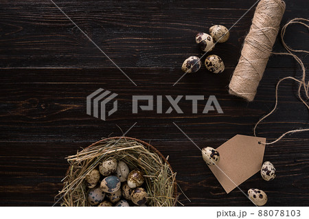 quail eggs in a nest, place for text on wooden rustic background top view close up 88078103
