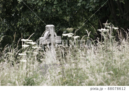 Graveyard with cross shaped headstone isolation loneliness 88078612