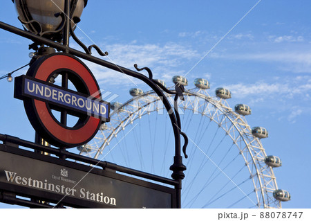 Westminster sign and the London eye blue sky Westminster sign and the London eye blue sky 88078747
