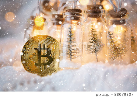 Bitcoin coin in the festive decor for Christmas and new year. Cryptocurrency, finance, wealth and investing. Fairy lights, greeting card 88079307