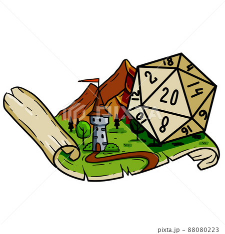 Tabletop RPG game with 20d dice. Castle fort with tower. 88080223