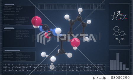 Phenobarbital molecule with description on the computer screen, 3d rendering Phenobarbital molecule with description on the computer screen, 3d rendering 88080290