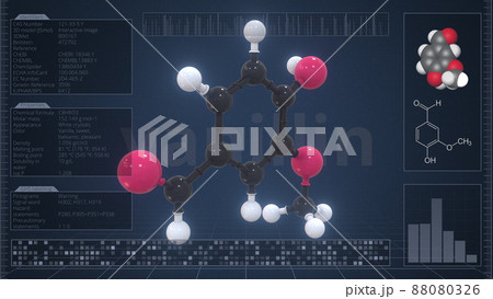 Overview of the molecule of vanillin on the computer screen. 3d rendering 88080326