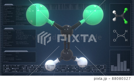 Vinylidene chloride molecule with description on the computer screen, 3d rendering Vinylidene chloride molecule with description on the computer screen, 3d rendering 88080327