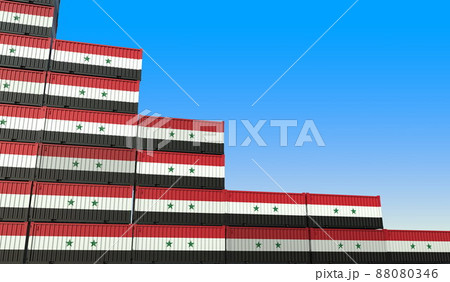 Many containers with flag of Syria represent decreasing trend. Economic or industrial crisis concept. 3D rendering Many containers with flag of Syria represent decreasing trend. Economic or industrial crisis concept. 3D rendering 88080346