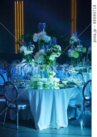 Table setup in blue light. Ready to event. 88080718