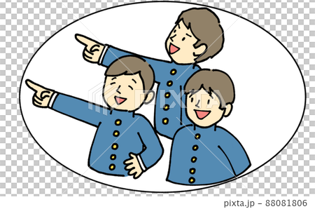 指差しポーズ 制服姿の学生たち(円形の窓付き) 指差しポーズ 制服姿の学生たち(円形の窓付き) 88081806