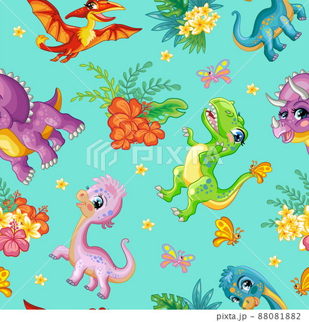 Seamless tropical pattern with cute dinosaurs vector 88081882
