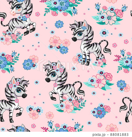 Seamless vector pattern with zebra and flowers pink 88081883