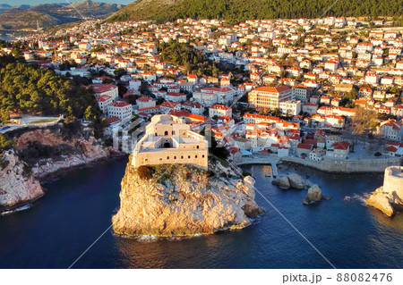 Aerial drone view of the Fort Lovrijenac or St. Lawrence Fortress lokated in the city of Dubrovnik in Croatia 88082476