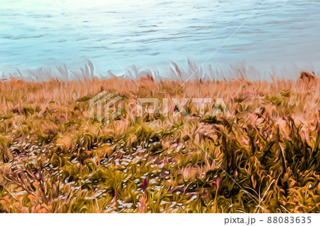 Artistic realistic illustration of toned natural floral background design with beautiful grass and river Artistic realistic illustration of toned natural floral background design with beautiful grass and river 88083635