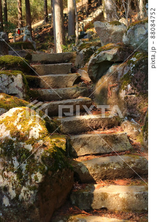 冬の山寺の山道の石段 88084752