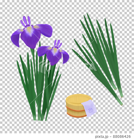 Illustration set of irises and iris leaves, tubs, and hand towels. Children's Day Illustration set of irises and iris leaves, tubs, and hand towels. Children's Day 88086426