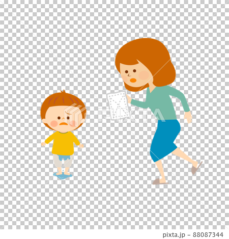 A mother runs to a child who has wet herself 88087344