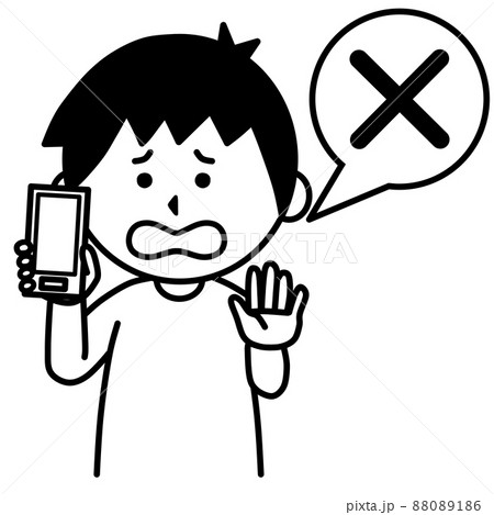 スマートフォンを手に持ち拒否する男性のイラスト(線画) スマートフォンを手に持ち拒否する男性のイラスト(線画) 88089186