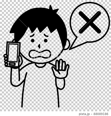 スマートフォンを手に持ち拒否する男性のイラスト(線画) スマートフォンを手に持ち拒否する男性のイラスト(線画) 88089186