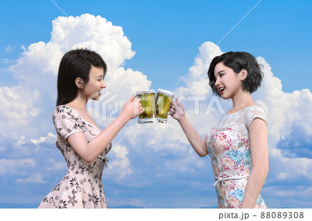 大きな入道雲が浮かぶ空を背景に 花柄のドレスを着た女の子達がビールジョッキで楽しそうに乾杯しているシのイラスト素材 0308 大きな入道雲が浮かぶ空を背景に 花柄のドレスを着た女の子達がビールジョッキで楽しそうに乾杯しているシのイラスト素材 0308