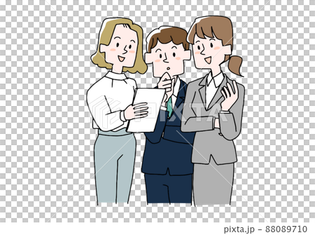 Businessmen (mixed men and women) who discuss while looking at materials Comical handwritten person Vector, line drawing and color 88089710